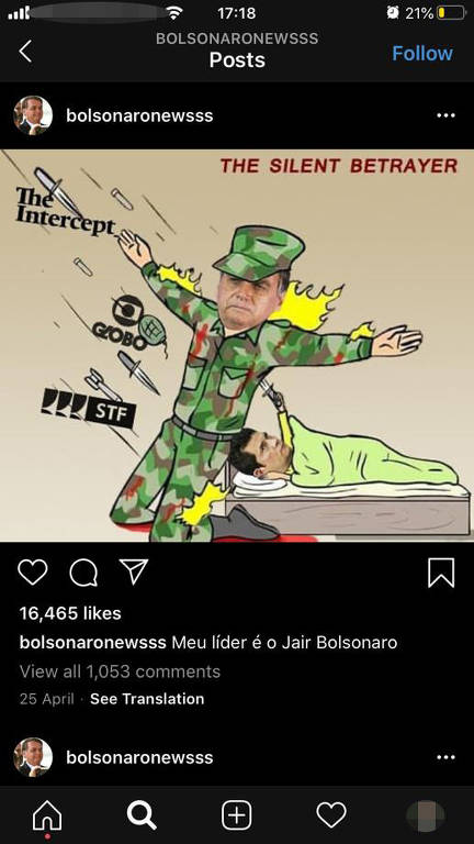 Postagens da conta do Instagram @bolsonaronewsss, que tem 492 mil e é administrada pelo assessor especial da Presidência da República Tércio Arnaud Tomaz