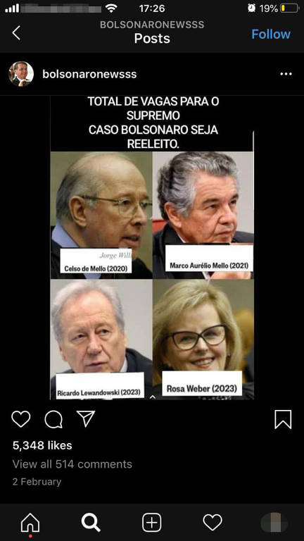 Postagens da conta do Instagram @bolsonaronewsss, que tem 492 mil e é administrada pelo assessor especial da Presidência da República Tércio Arnaud Tomaz