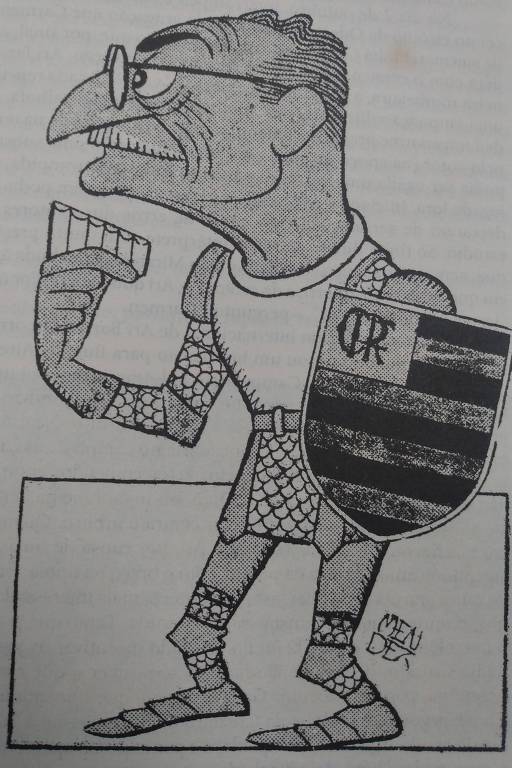Caricatura de Mendez mostra o compositor Ary Barroso, que era torcedor do Flamengo, com o escudo do time e uma gaita na mão, que tocava quando saía um gol nas partidas que narrava