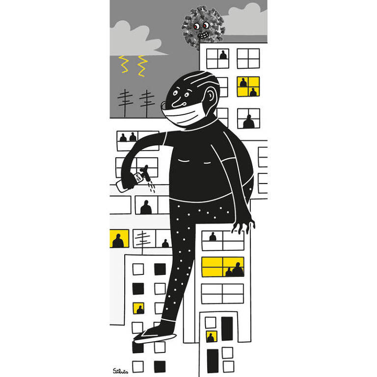 Ilustração de pessoa gigante andando entre os prédios de uma rua enquanto as pessoas comuns estão nas janelas. A pessoa gigante está usando máscara e carrega um spray na mão, a outra mão está apoiada no topo de um dos prédios. No fundo, há um vírus no lugar do sol
