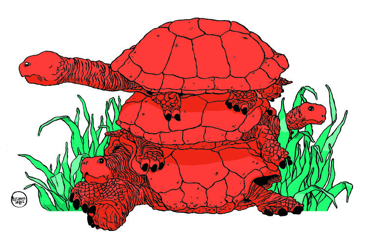 Desenho mostra três tartarugas vermelhas que estão em cima uma da outra