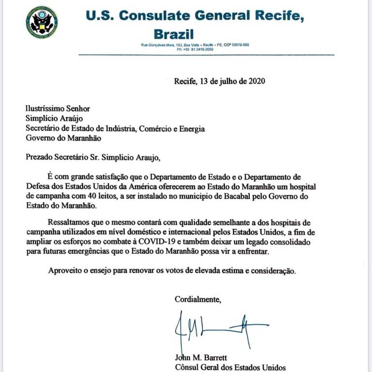Ofício enviado pelo consulado dos Estados Unidos ao governo Flávio Dino (PC do B)