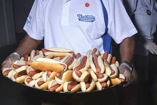 Hot dogs at the Nathan?s Famous Fourth of July hot dog eating contest in New York, July 4, 2020. (John Taggart/The New York Times)