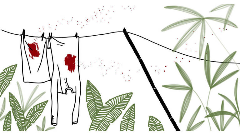 Ilustração de uma blusa de manga longa e um pano brancos pendurados em um varal, cada peça tem uma mancha vermelha. Há folhagens em volta na cena 