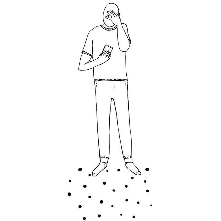Ilustração de pessoa com uma mão segurando o celular e a outra no rosto. Ela abre os dedos que estão sob o olho para espiar a tela do celular