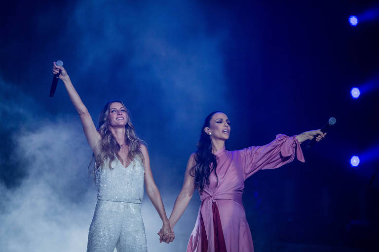 A modelo Gisele Bündchen e a cantora Ivete Sangalo na abertura do palco Mundo, no primeiro dia do Rock in Rio 2017, na Cidade do Rock no Parque Olímpico na zona oeste do Rio de Janeiro