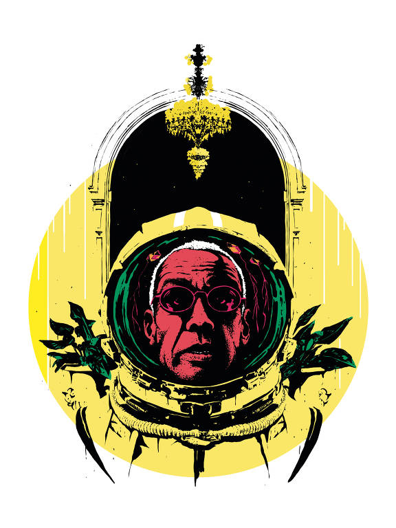 Na ilustração, o músico Jorge Ben Jor usa uma roupa de astronauta. Ao fundo, detalhes da arquitetura do Copacabana Palace