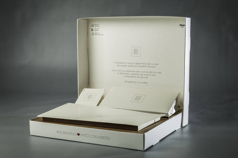 Embalagem do restaurante Ristorantino, fabricada pela empresa Scuadra, de São Paulo
