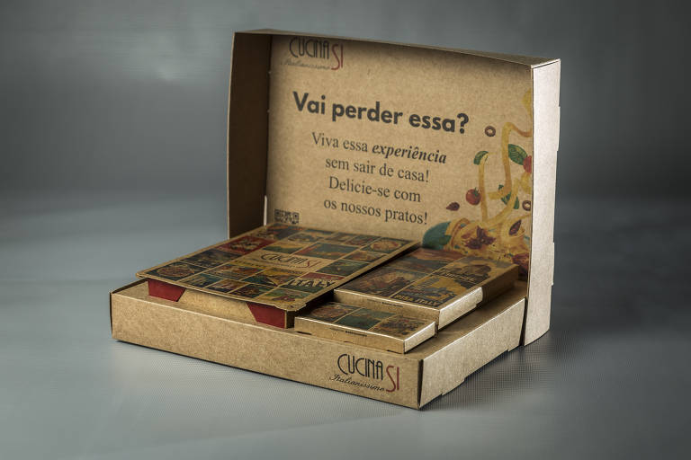 Embalagem do restaurante Cucina Si Italianíssimo, fabricada pela empresa Scuadra, de São Paulo