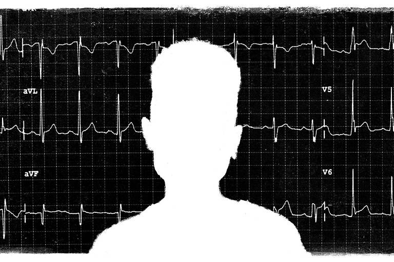 Silhueta de garoto sobre imagem de eletrocardiograma