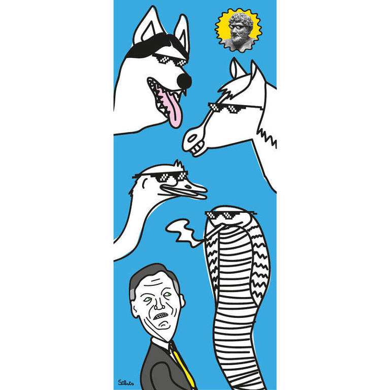 Ilustração de Jair Bolsonaro olhando para o lado com olhar apreensivo. Ao redor dele, há uma cobra fumando, uma ema, um cavalo e um cachorro, todos com óculos escuros