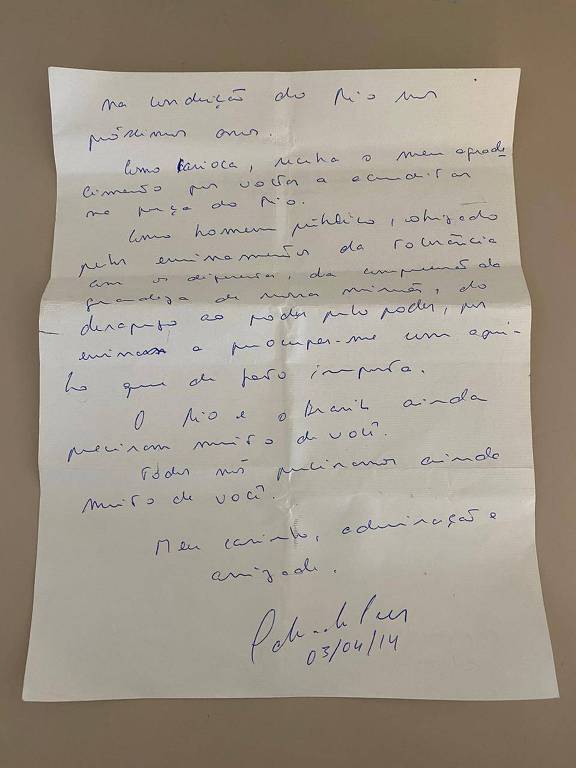 Foto de carta escrita por Eduardo Paes dirigida a Sérgio Cabral (verso)