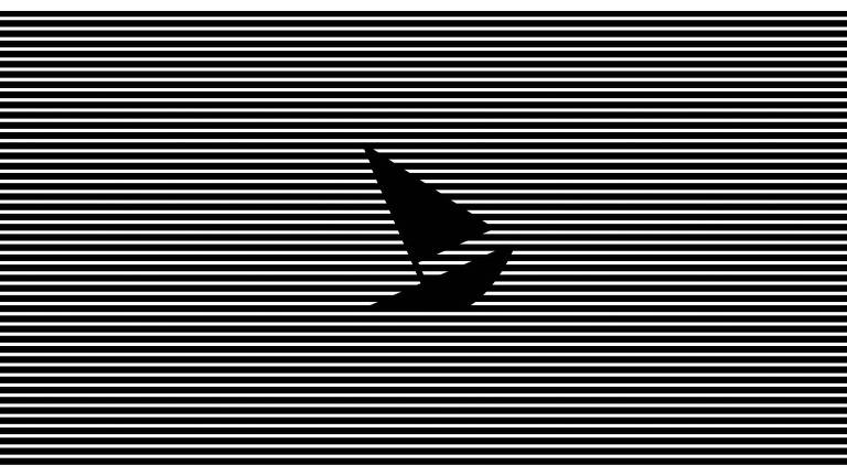 Ilustração de um veleiro inclinado como se estivesse afundando. O barco é todo preto e o fundo listrado em preto e branco