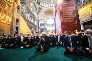 Turkey's President Tayyip Erdogan attends Friday prayers at Hagia Sophia Grand Mosque in Istanbul