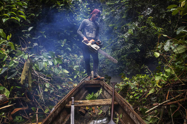 Jasson Oliveira do Nascimento corta a vegetação para abrir caminho para a canoa no igarapé que leva ao Projeto de Assentamento Extrativista Antimary, onde coletam as castanhas.