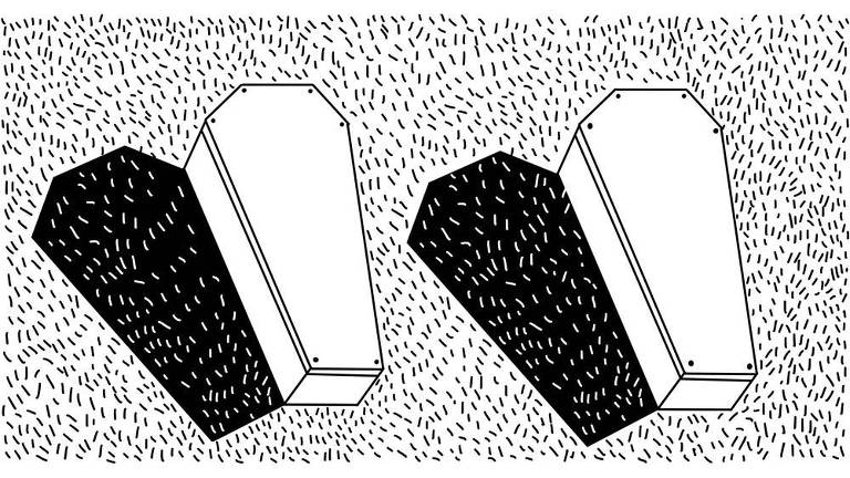 Ilustração de dois caixões brancos com sombras pretas bem marcadas