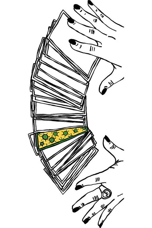 Ilustração de cartas posicionadas como um leque em uma mesa e duas mãos com unhas pretas longas sobre elas