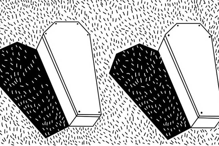 Ilustração de dois caixões brancos com sombras pretas bem marcadas
