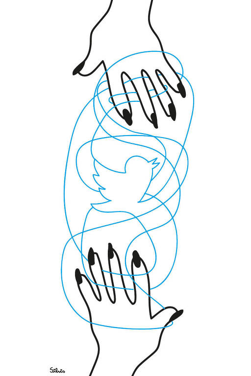 Ilustração de duas mãos que seguram um emaranhado de fios azuis que passa de uma mão para a outra. No meio da imagem, essa rede forma o símbolo do Twitter