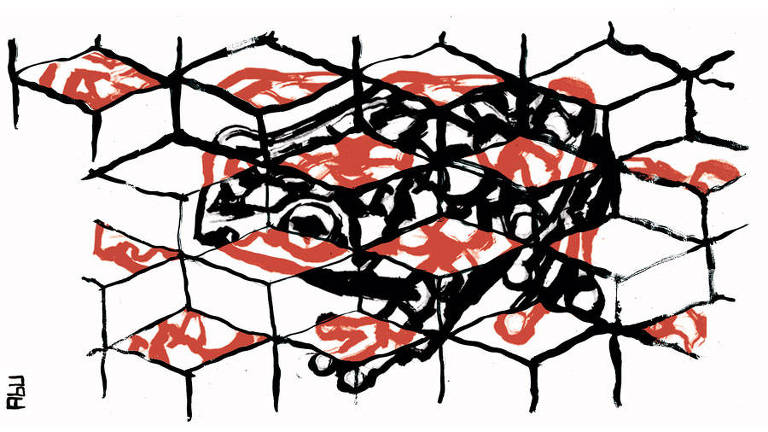 Padronagem geométrica formada por retângulos com formas abstratas desenhadas em preto e vermelho dentro das formas