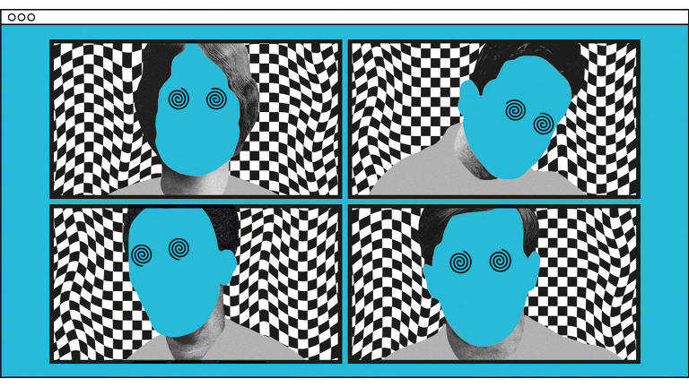 Ilustração da janela de um programa de computador dividida em quatro partes. Em cada uma delas, há uma cabeça azul de pessoa com cabelo curto preto e sem rosto, apenas com espirais no lugar dos olhos.