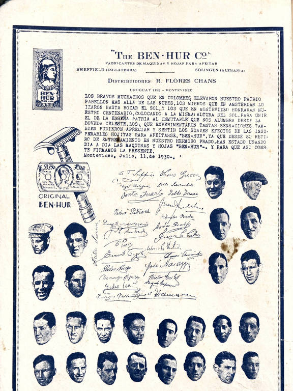 Publicidade das lâminas de barbear Ben-Hur, homenageando os uruguaios campeões do mundo de 1930