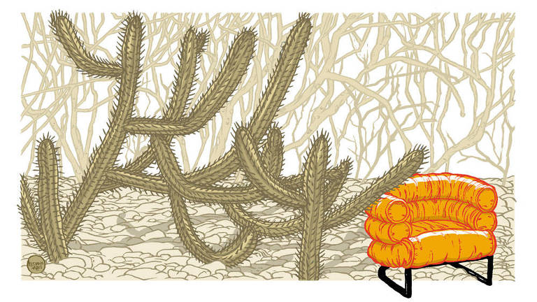 Ilustração de uma poltrona laranja no canto direito da imagem. No restante do espaço, há vários cactus com espinhos e uma vegetação seca no fundo