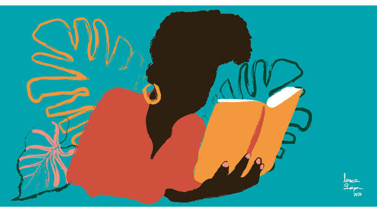 Ilustração de uma mulher negra, vestindo brincos de argola e blusa laranja, lendo um livro. Há folhagens no fundo da imagem