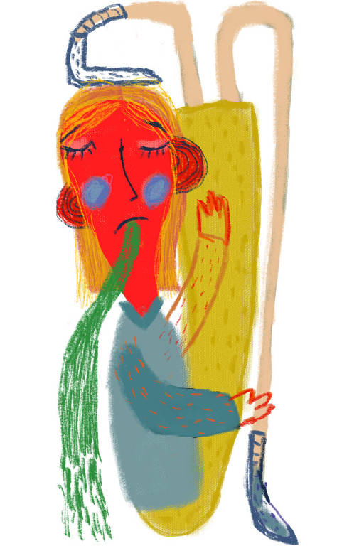 Ilustração de pessoa com cabeça vermelha vomitando