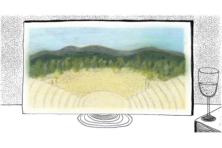 Ilustração de TV com paisagem e uma taça ao alto