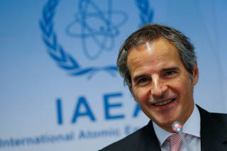 IAEA Director General Grossi addresses the media after a board of governors meeting at the IAEA headquarters in Vienna