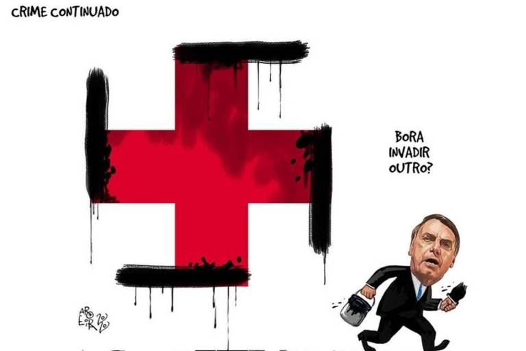 A cruz vermelha da saúde está pintada com arestas pretas que lhe transformam em suástico; ao lado, Bolsonaro corre com uma lata de tinta preta e pincel nas mãos