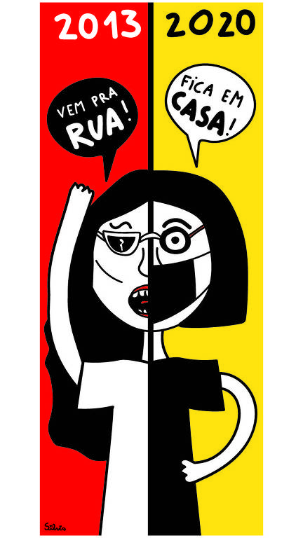 Ilustração mostra personagem dividido no meio: metade com fundo vermelho, escrito 2013 em cima e personagem diz "vem pra rua". Na outra metade, fundo amarelo, com 2020 escrito em cima e personagem fala "Fique em casa"