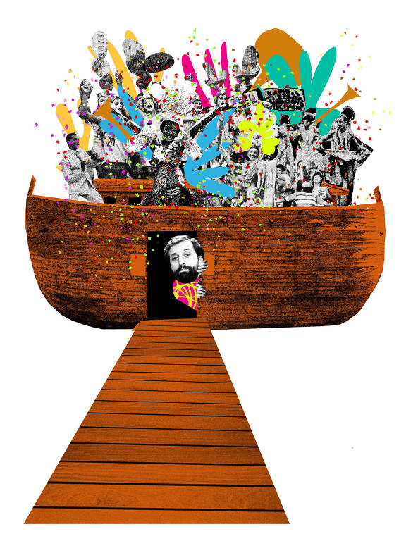 Colagem de uma arca com Gregorio Duvivier na entrada e várias pessoas comemorando em cima como se estivessem no Carnaval