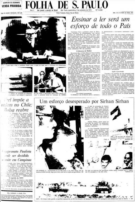 Primeira Página da Folha de 9 de setembro de 1970