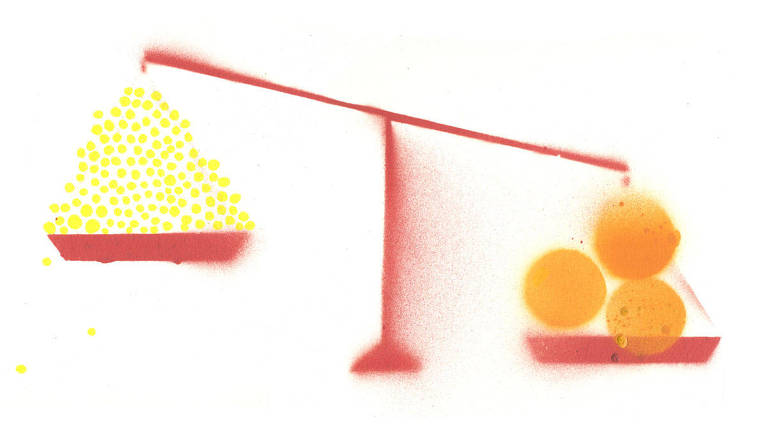 Ilustração de uma balança em que o prato com três bolas grandes laranjas pesa mais que o prato com muitas bolas pequenas amarelas