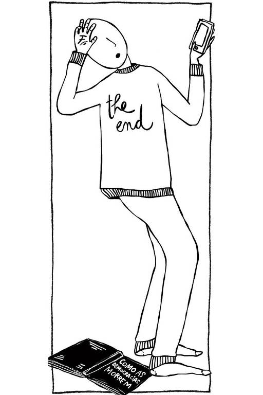 Ilustração de uma pessoa com a mão na testa vestindo uma blusa de manga longa, na qual está escrito the end. No chão, há um livro caído com o título Como as democracias morrem
