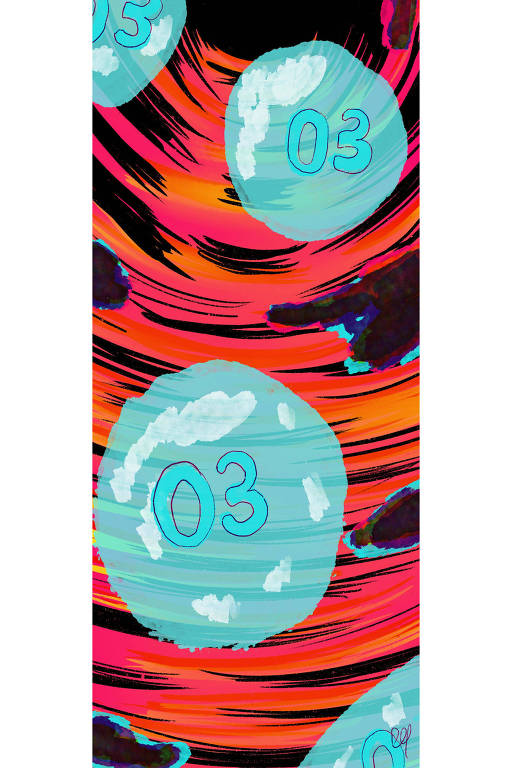 Ilustração de bolhas azuis com o número 03 dentro. O fundo é composto por manchas de várias cores