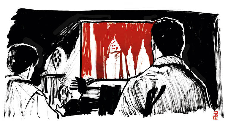 Ilustração de duas pessoas de costas olhando para a uma tela com uma cena em vermelho, na qual uma figura veste uma capa com capuz pontudo, há um projetor perto da tela