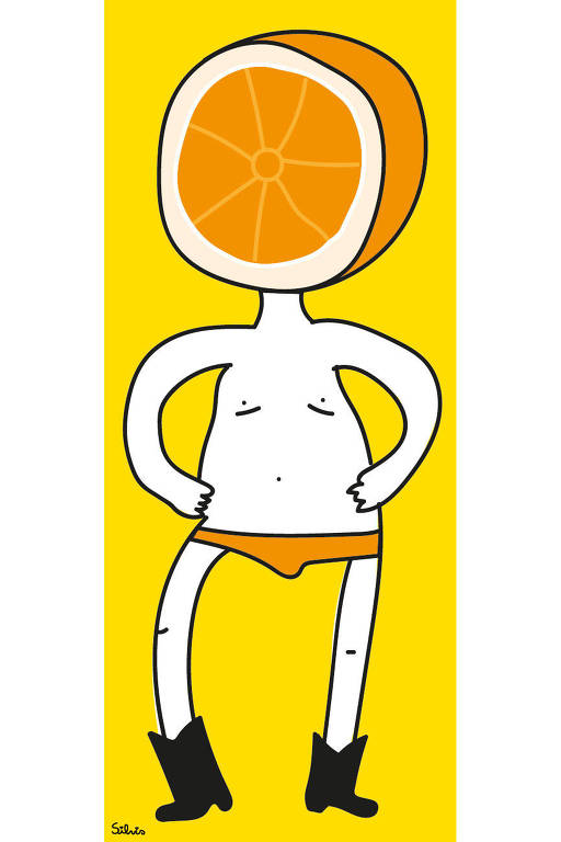 Ilustração de pessoa com uma metade de uma laranja no lugar da cabeça. Ela veste sunga laranja e botas de cano alto pretas