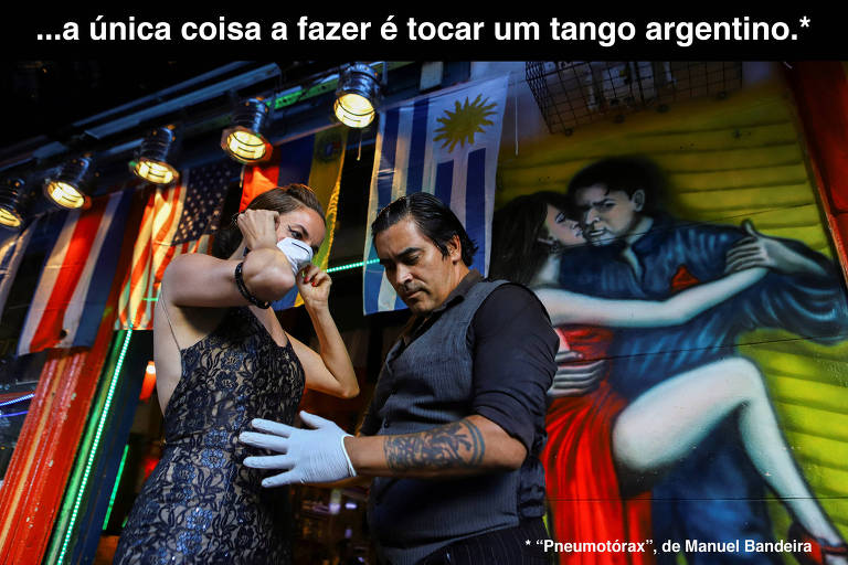 texto onde se lê "... a única coisa a fazer é tocar um tango argentino." e foto de casal dançando tango de máscara e luva.