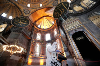 Disinfection of Hagia Sophia Grand Mosque on the eve of the Muslim festival of Eid al-Adha, in Istanbul