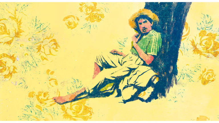 Ilustração de homem com o esteriótipo de caipira brasileiro. Ele está sentado perto de uma árvore, está descalço e veste calças curtas, camiseta e um chapéu
