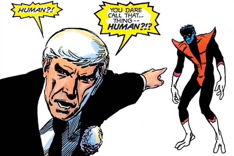 Quadrinho da franquia "X-Men", da Marvel —"humano? Você ousa chamar aquela coisa de humano?", diz o personagem