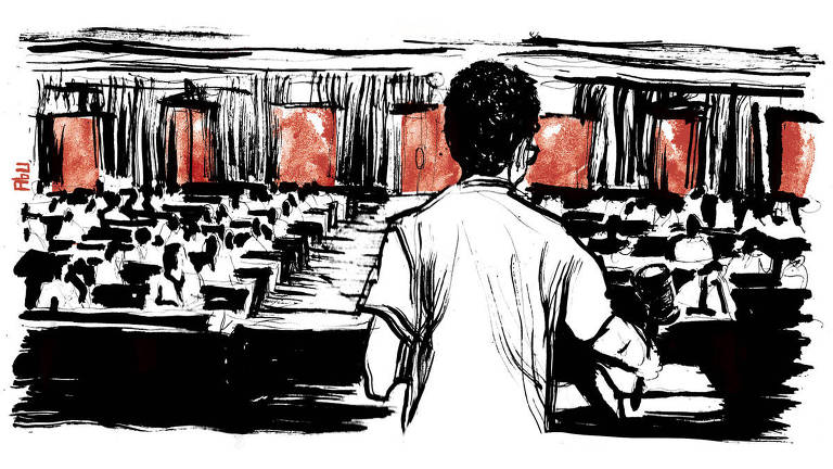 Ilustração de pessoa de costas entrando em uma sala grande com várias pessoas sentadas e portas vermelhas na frente delas
