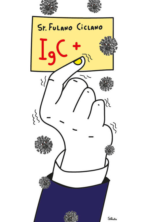 Ilustração de uma mão segurando um cartão, no qual é possível ler Sr. Fulano Ciclano IgC+. Há vários vírus perto da mão