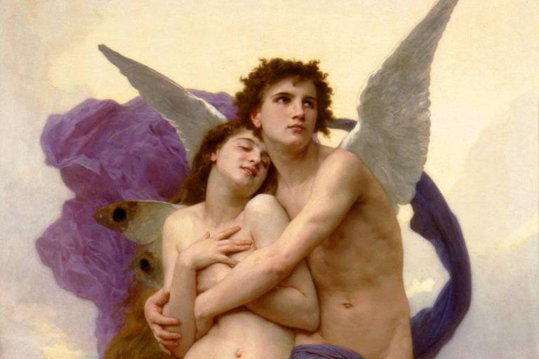 Homem branco nu, com asas de anjo, voa com uma mulher branca nua em seus braços, os dois têm véus em tons de roxo que envolvem seus corpos