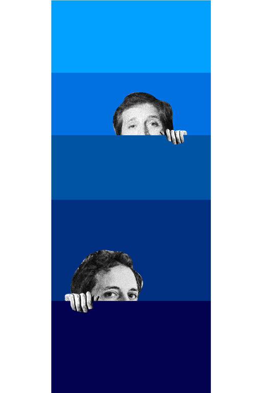 Colagem feita com duas fotos de Gregorio Duviver mostrando a parte superior do rosto com o restante do rosto atrás de retângulos azuis