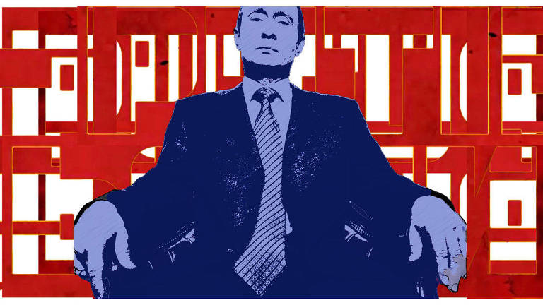 Ilustração de Putin vestindo terno sentado em uma cadeira
