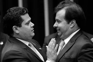 President of Brazil's Lower House Rodrigo Maia greets President of Brazil's Senate Davi Alcolumbre during an opening session of the Year of the Legislative in Brasilia